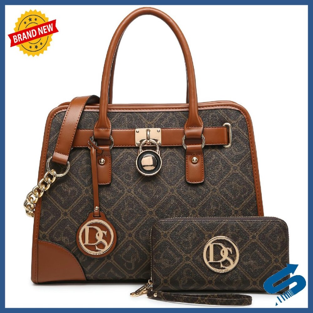 Vegan Leather Satchel Purse Set With Wallet, 13.5" Work Bag